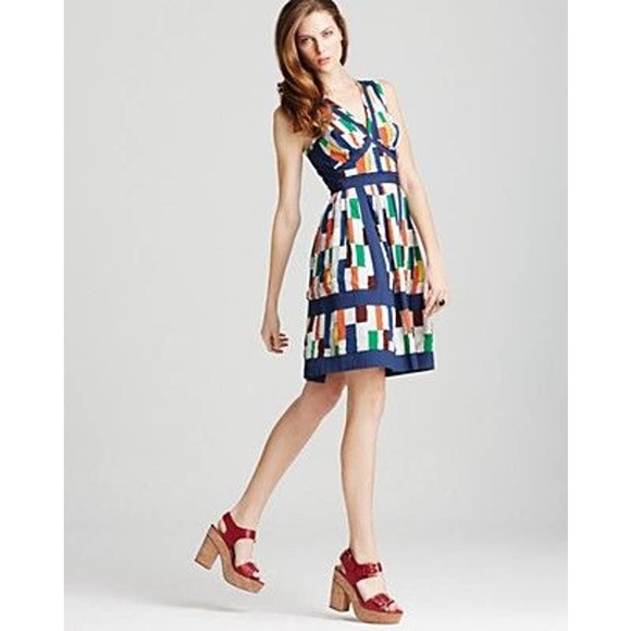 Plenty Tracy Reese Applique Frock Tiles Silk Dress With Pockets Blue White Sz 8 - Picture 2 of 11